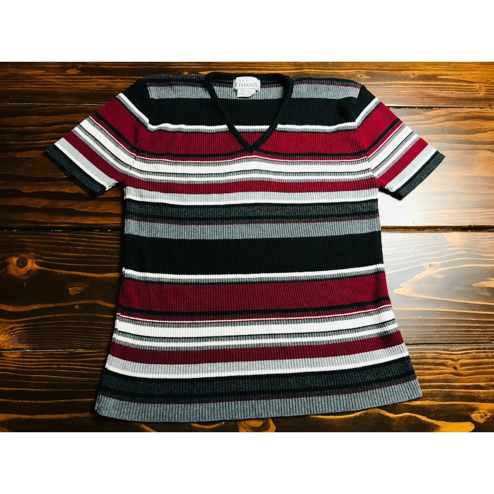 Basic Editions Shirt, Womens Small, Black White Burgundy, Striped, Ribbed, Vneck
